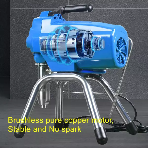 Blue and silver airless machine with a brushless pure copper motor on a dark background