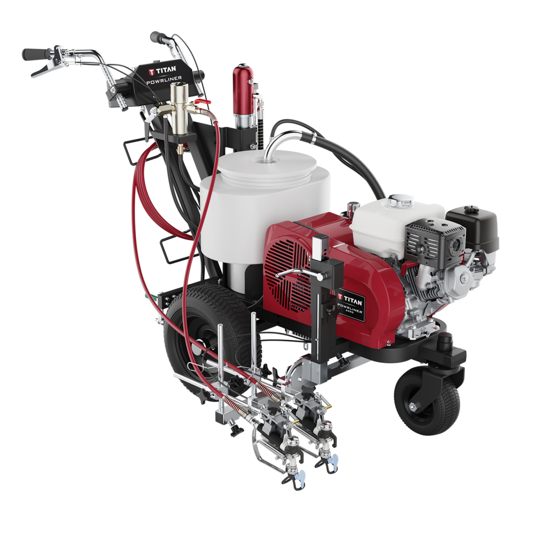 A red and silver Titan Powrliner 6955 line striping machine with black and white accents, featuring a Honda engine, pneumatic tires, and a spray gun mounted on a wheeled base.