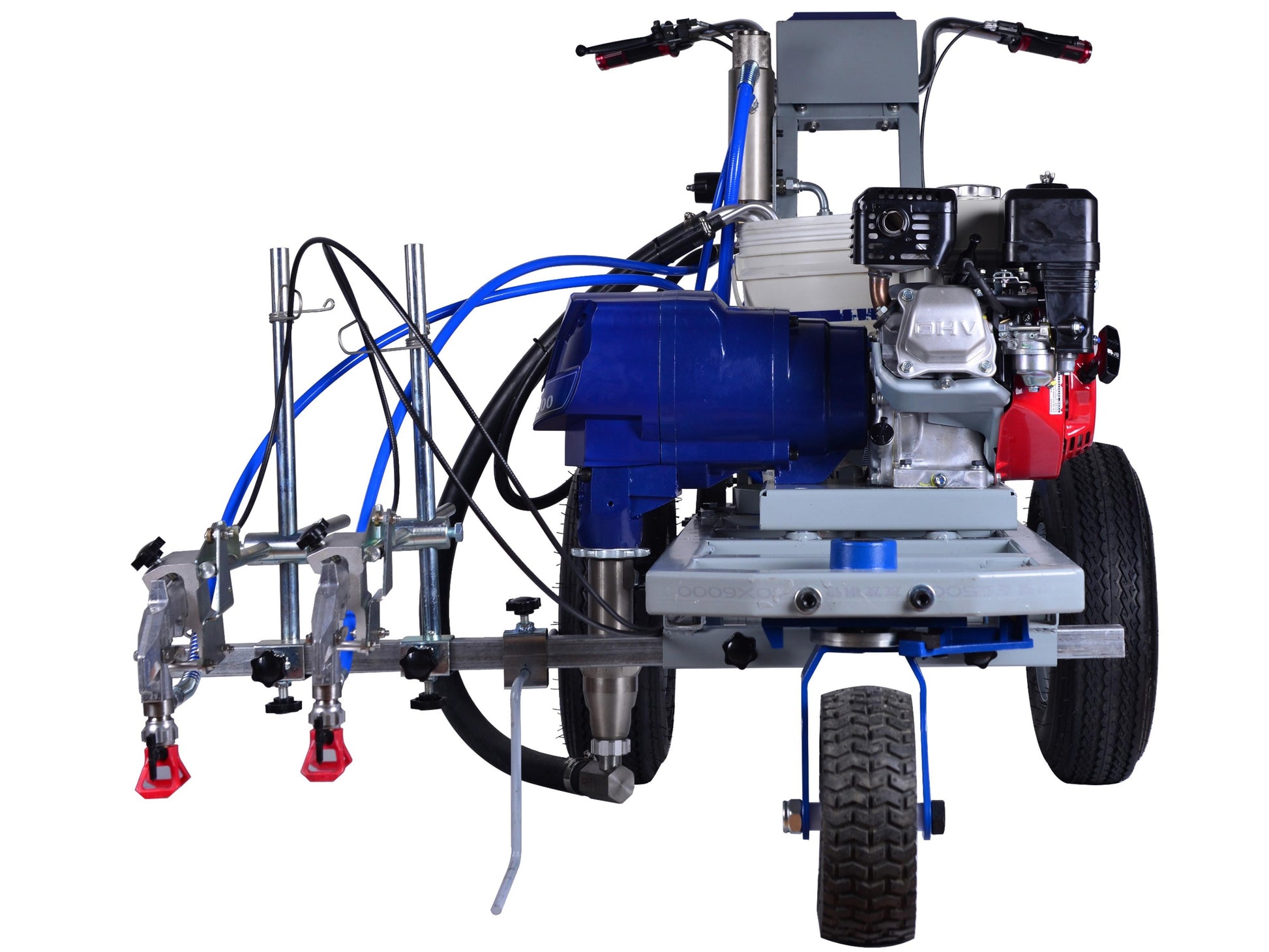 Paint spraying machine with blue and red components on a white background