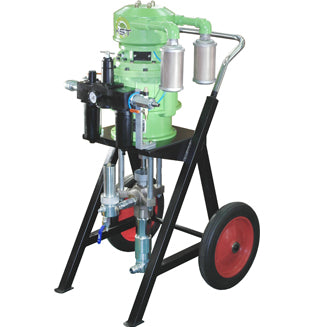 A green and black industrial pump machine mounted on a wheeled metal stand with red wheels, shown on a plain white background.