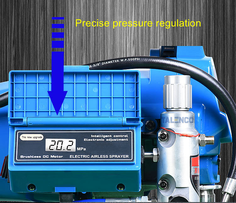 Electric airless sprayer with pressure regulation feature highlighted