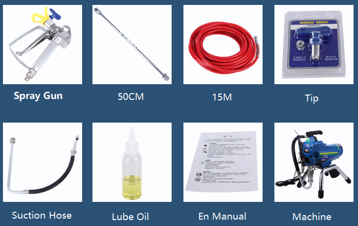 Collection of spray gun components and accessories on a blue background