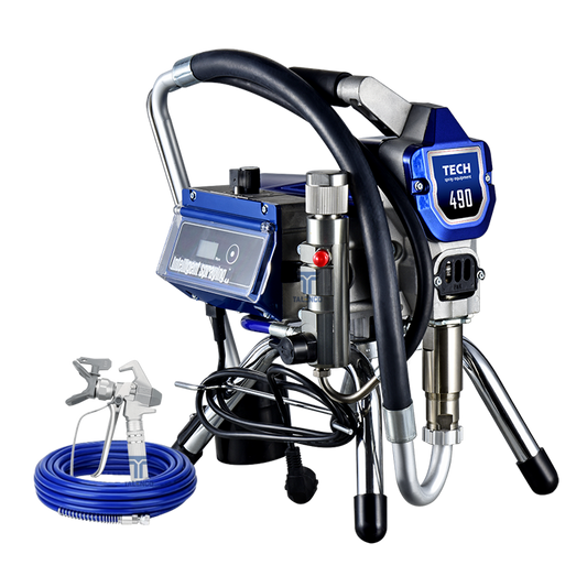 495 Paint sprayer with digital display and attachments on a white background