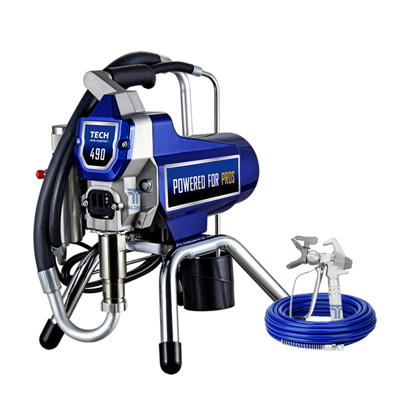 Blue and silver paint sprayer with hose on a white background