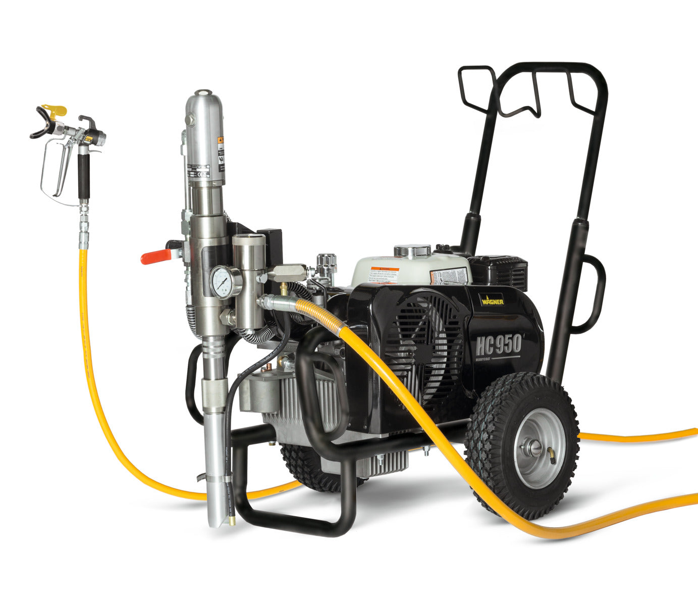 A Wagner HeavyCoat 950 G airless piston pump spraypack, featuring a black and yellow color scheme, with a hose attached to it.