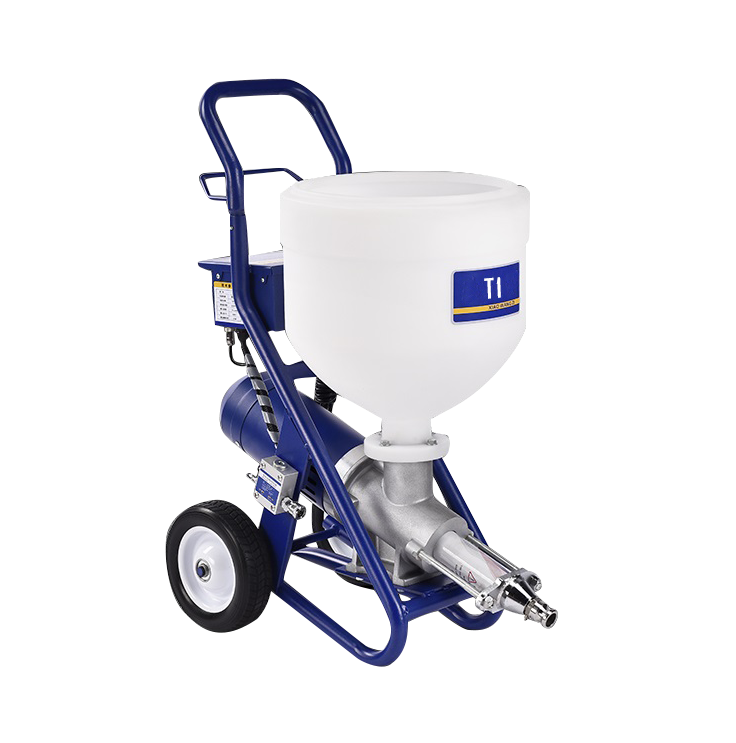 A blue and white pneumatic concrete pump with a large white hopper, wheeled cart base, and metal nozzle, shown on a plain white background.