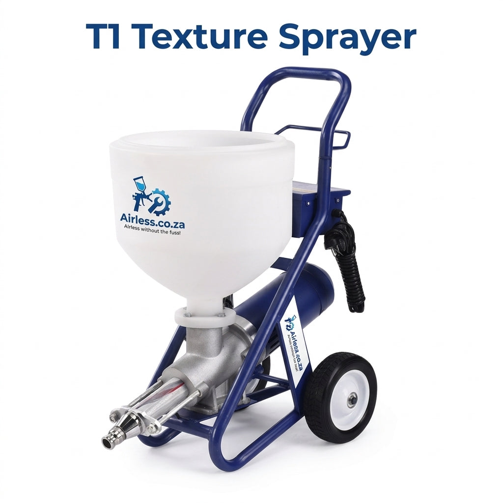A T1 Texture Sprayer machine with a white hopper, blue metal frame and handle, silver pump, and black wheels, shown on a white background with the text 'T1 Texture Sprayer' at the top. The brand 'Airless.