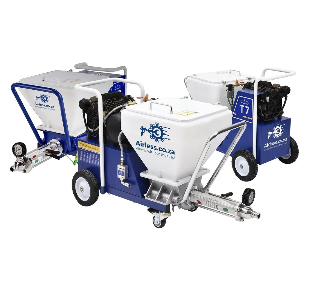 Two blue and white Airless Co. T7A texture paint sprayers on a solid white background, with one in the foreground and one behind it.