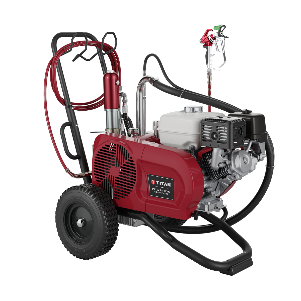 A red and black Titan Powrtwin 6900 Plus paint sprayer with a Honda engine, equipped with wheels and a lift handle for mobility.