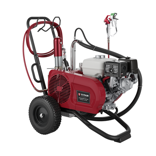 A red and black Titan Powrtwin 6900 Plus paint sprayer with a Honda engine, equipped with wheels and a lift handle for mobility.