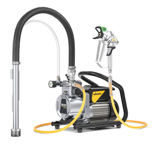 A Wagner Super Finish 21 Pro airless diaphragm pump with a black and silver body, a yellow hose, and a spray gun.
