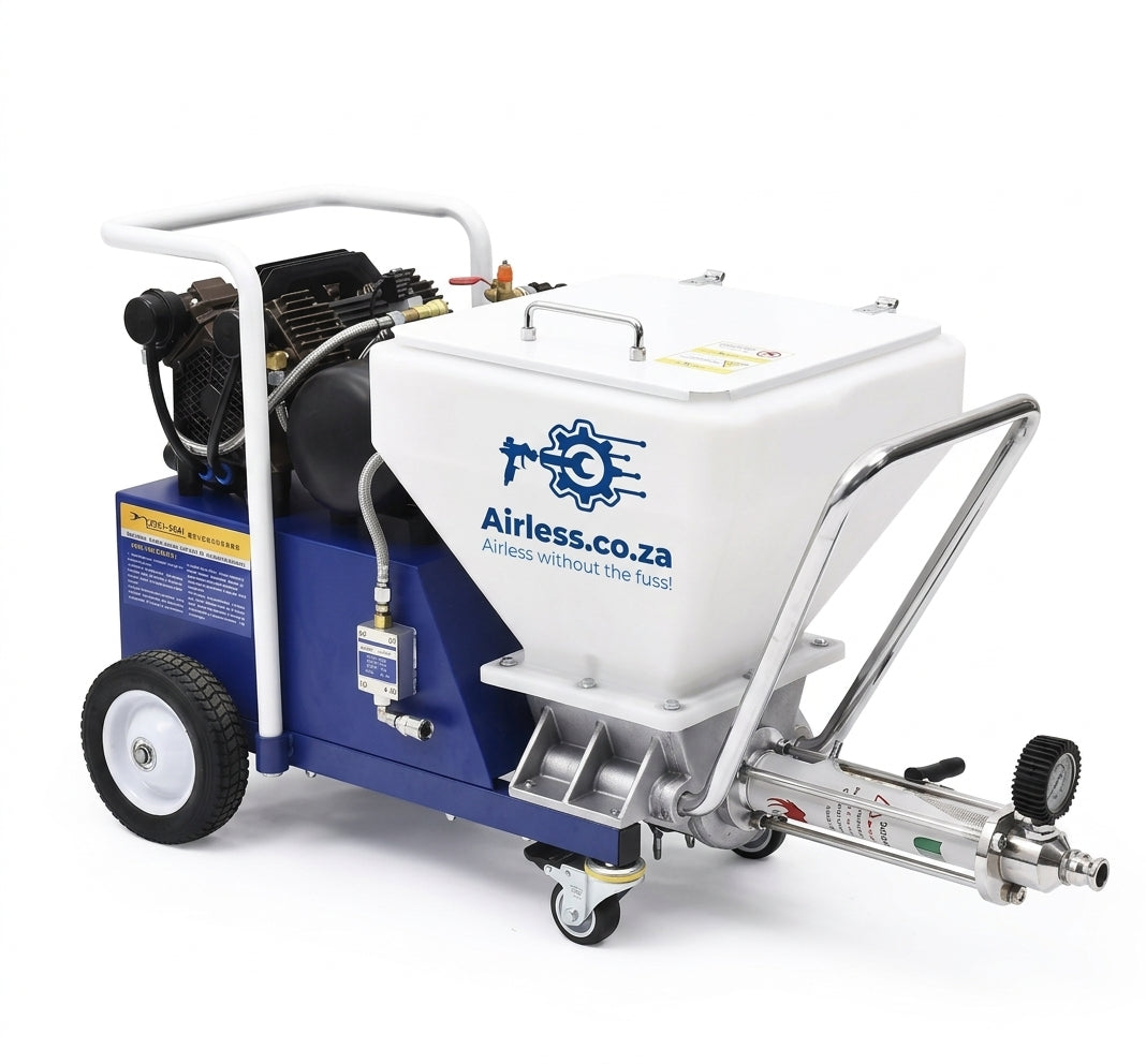 A blue and white Airless.co.za mortar sprayer